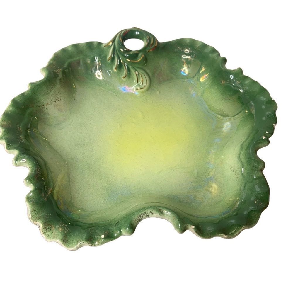 Vintage scalloped serving dish with nice handle leaf shaped in avacado green